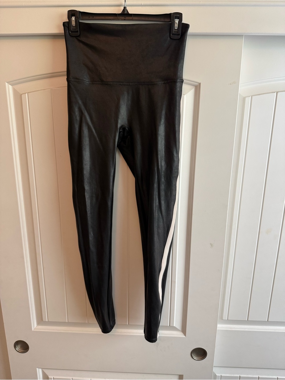SPANX Black Faux Leather Leggings with White Side Stripe